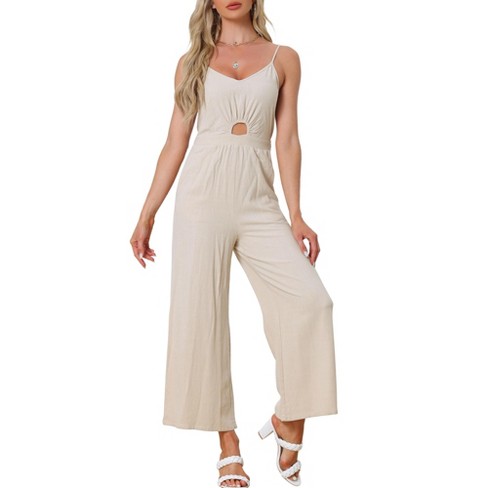 Allegra K Women s Summer Casual Spaghetti Strap Cut Out High Waisted Wide Leg Jumpsuit Beige Medium Target