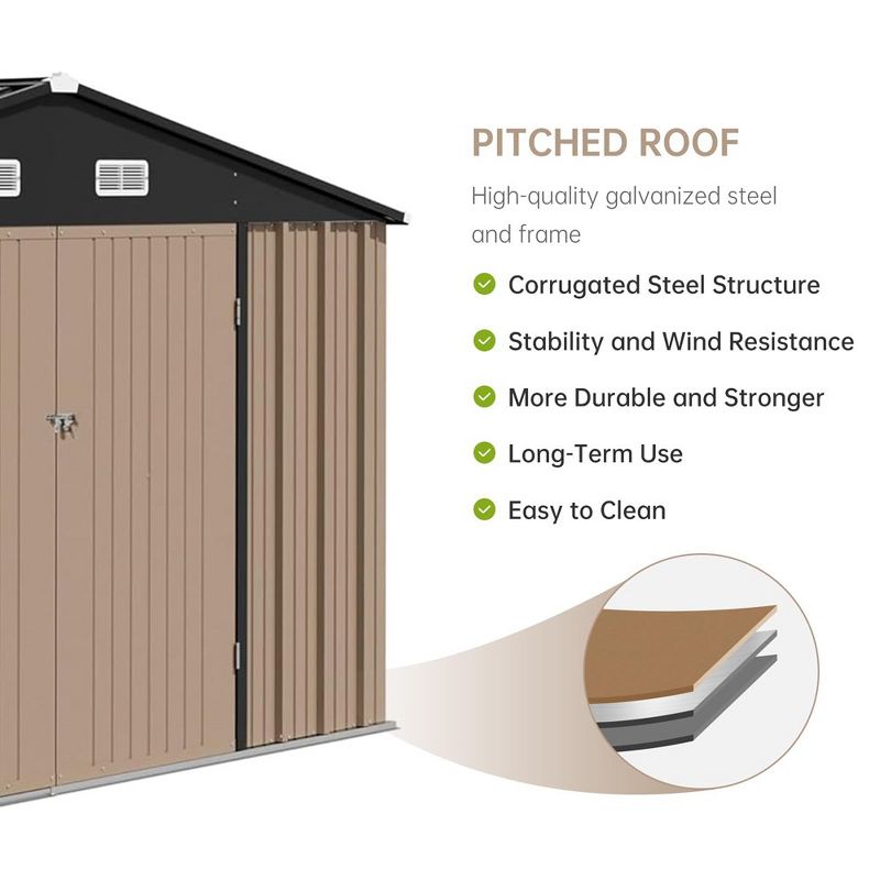 10x8 FT Outdoor Metal Storage Shed, Steel Utility Shed Storage, Metal Shed Outdoor Storage with Lockable Door Design Brown, 5 of 8