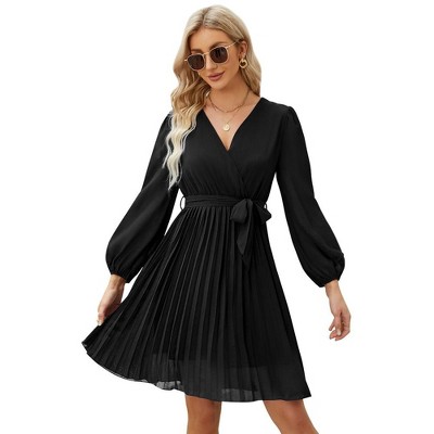 Womens Wrap V Neck Pleated Dress Tie Waist Casual Long Puff Sleeve Chiffon Wedding Guest Mini Dress