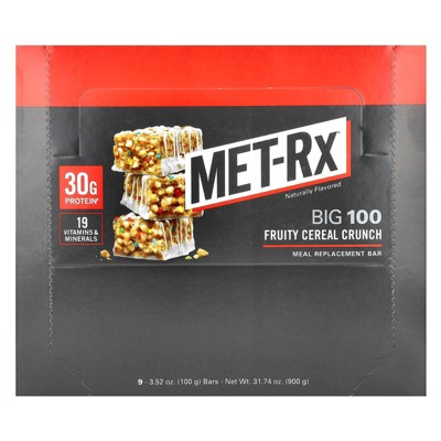 MET-Rx Big 100, Meal Replacement Bar, Fruity Cereal Crunch, 9 Bars, 3.52 oz (100 g) Each
