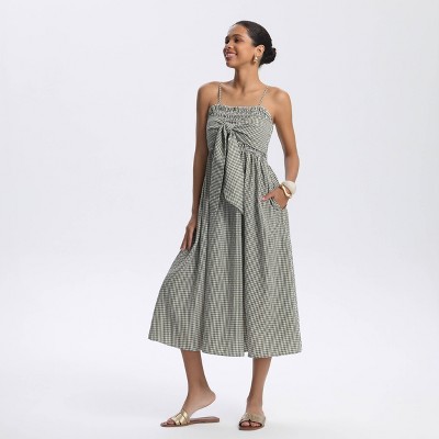 Женские платья A New Day Women's Smocked Bodice Midi Sundress - A New Day™ Olive Green Gingham M — фото 3