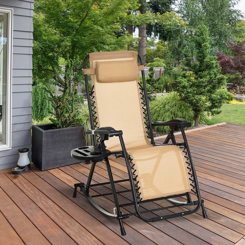 Outsunny Outdoor Rocking Chairs, Foldable Reclining Zero Gravity Lounge Rocker w/ Pillow, Cup & Phone Holder, Combo Design w/ Folding Legs, Beige, 4 of 11
