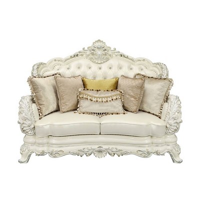 Adara 70" White Faux Leather Camelback Sofa with Nailhead Trim