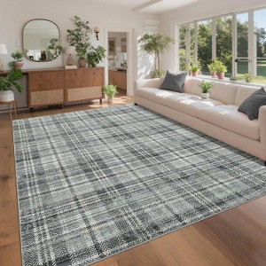 Washable Modern Tartan Plaid for Kitchen & Bedroom, Non Slip, Stain Resistant Throw Rug, 2'x6', Beige - 1 of 4