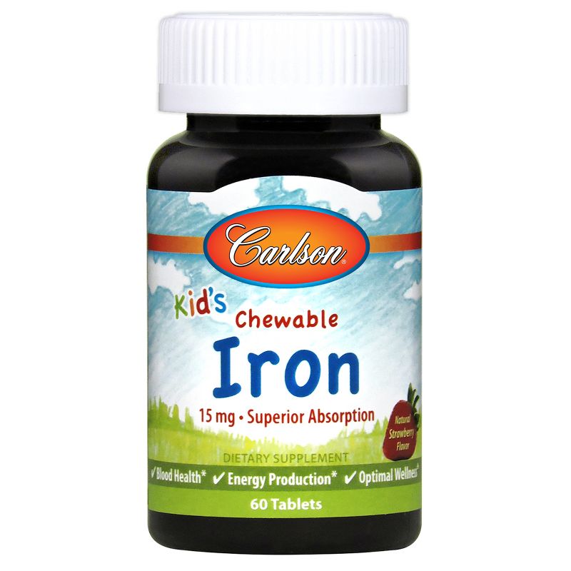 Carlson - Kid's Chewable Iron, 15 mg, Superior Absorption, Blood Health, Energy Production, Strawberry Flavor, 1 of 7