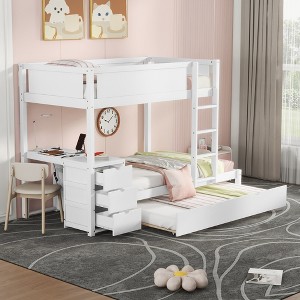 Merax Modern Twin-Over-Twin Bunk Bed with Built-In Desk, Trundle, Storage Drawers, and USB Ports - 1 of 4
