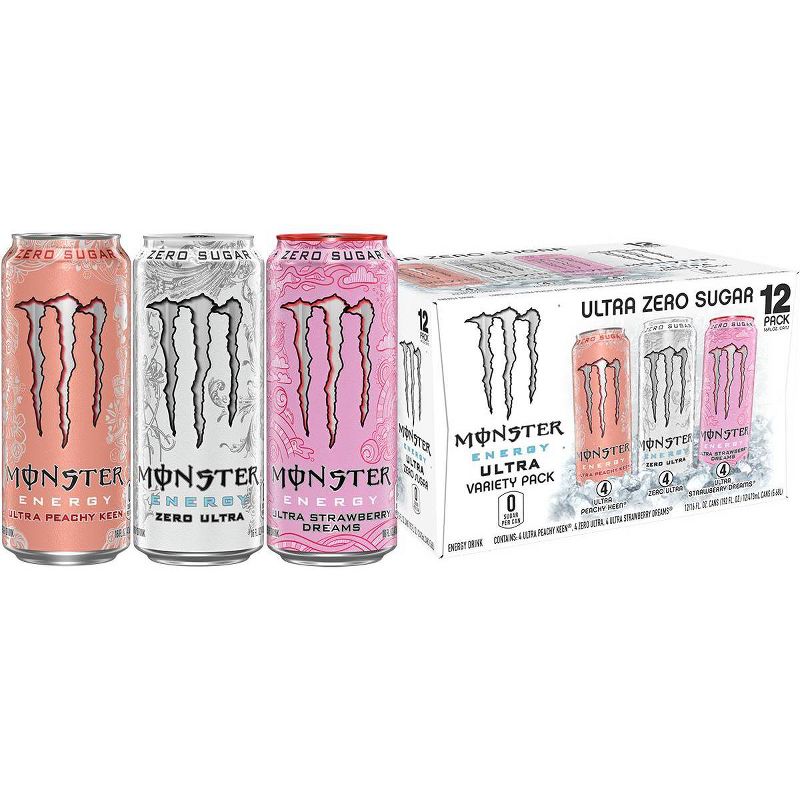 Monster Ultra Variety Pack Including Zero Ultra/Peachy Keen/Strawberry Dreams, Energy Drink - 12pk/16 fl oz Cans, 1 of 3