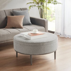 Loring Upholstered Round Cocktail Ottoman with Metal Base Gray - Madison Park: Textured Fabric, Modern Design - 1 of 4