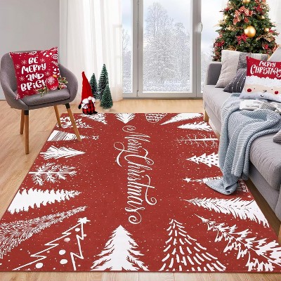 Washable Christmas Tree Area Rug, Anti-Slip Low Pile Non-Shedding Carpet for Living Room, Bedroom and Dining Room