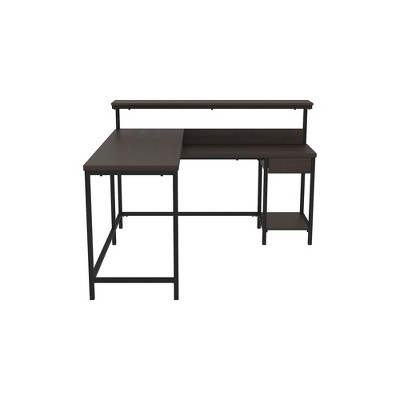 Warm Brown L-Shaped Wood Computer Desk with Hutch