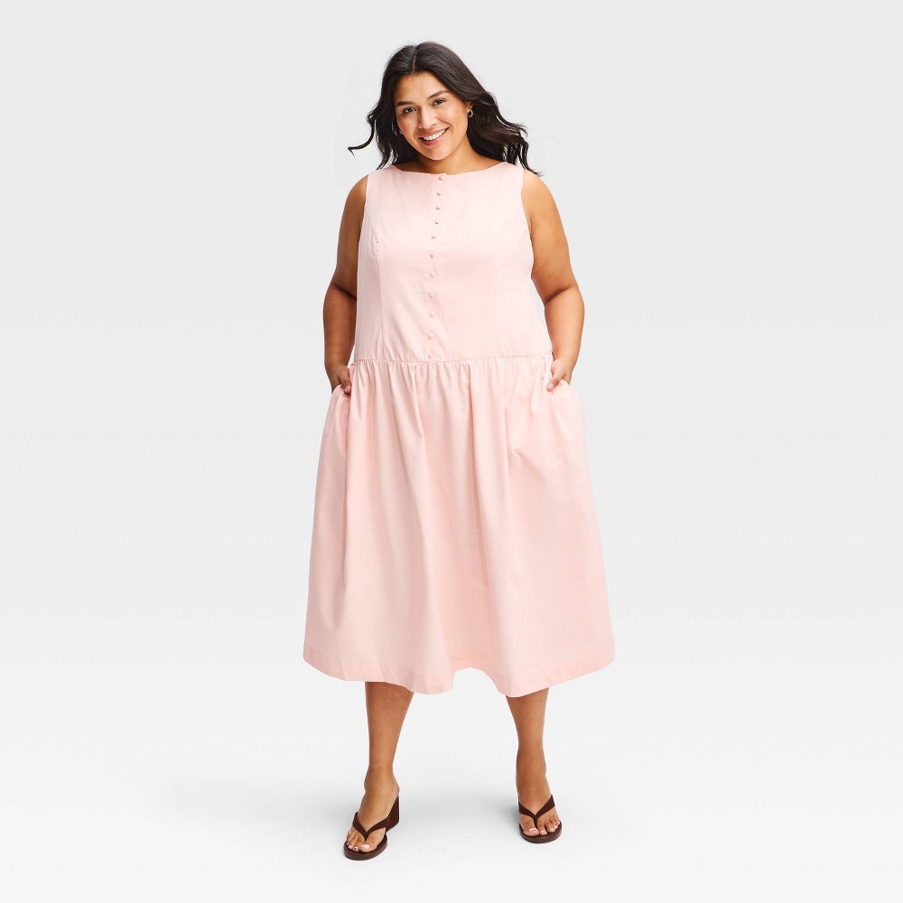 Women's Drop-Waist Button-Front Midi Dress - A New Day™ Pink XXL