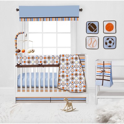 Bacati - Mod Sports Blue Orange Chocolate 10 pc Crib Bedding Set with Long Rail Guard Cover