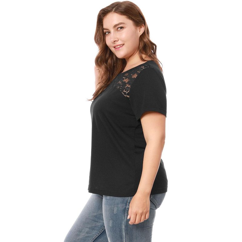 Agnes Orinda Women's Plus Size Lace Insert Short Sleeves Solid Round Neck Blouses, 5 of 8
