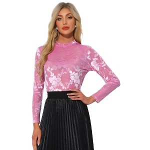 INSPIRE CHIC Women's See Through Mesh Mock Neck Velvet Floral Print Tee Shirt - 1 of 4