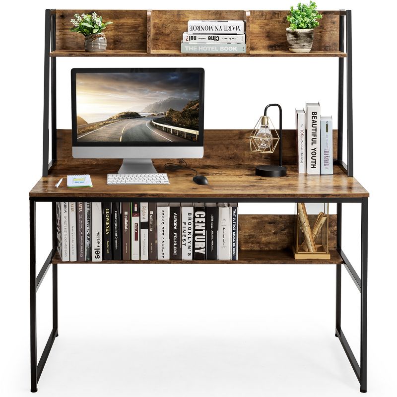 Tangkula Mufti-Functional Computer Desk PC Workstation with Open Bookcase Natural/ Rustic Brown/ Coffee, 1 of 6