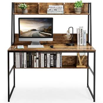 Tangkula Mufti-Functional Computer Desk PC Workstation with Open Bookcase Natural/ Rustic Brown/ Coffee