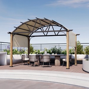 HAPPATIO 12' X 12' Outdoor Pergola with Sling Retractable Canopy, Wood-Like Aluminum Patio Arched Pergola - 1 of 4