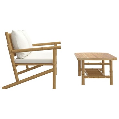 Cream White Bamboo 2-Piece Patio Lounge Set with Cushions