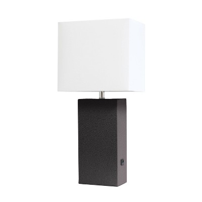 Modern Leather Table Lamp with USB and Fabric Shade Espresso Brown - Elegant Designs