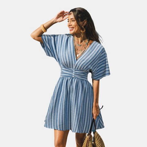 Женские платья Cupshe Women's Striped A-Line Waist-Defined Wrap Dress-L-Light Blue