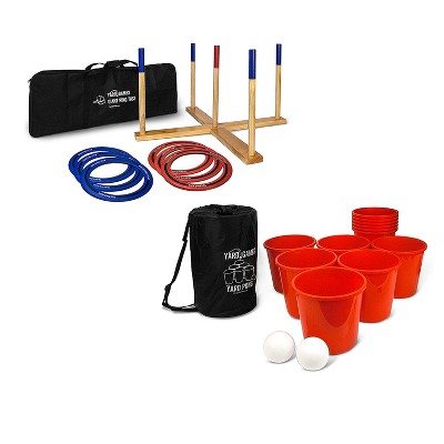 Yard Games Giant Wooden Ring Toss Lawn Game w/ Soft Touch Throwing Rings Bundle w/ Giant Outdoor Yard Pong Party Set w/ 12 Buckets & 2 Balls