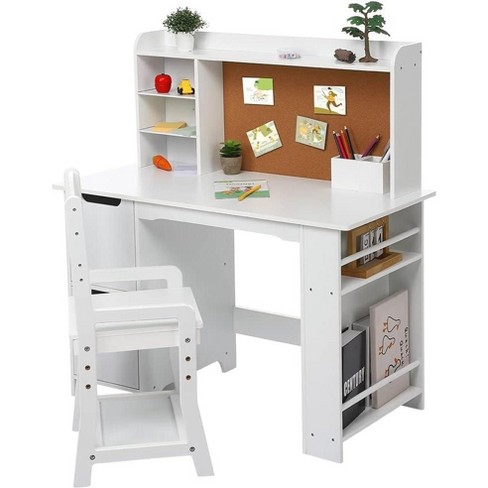 Kids Wooden Study Desk Learn Table Chair Set With Bookshelf