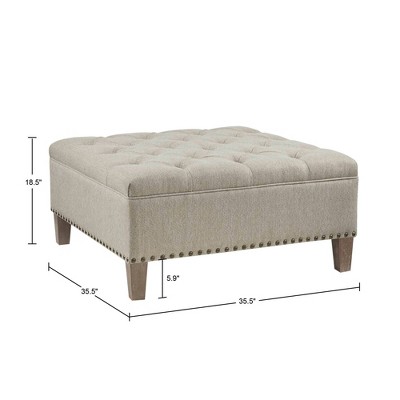 Taupe Tufted Square Cocktail Ottoman with Bronze Nailhead Trim