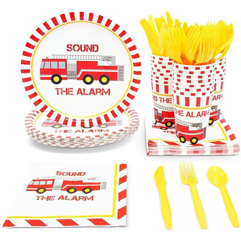 Blue Panda 144 Pieces Disposable Dinnerware Set with Plates, Napkins, Cups, Cutlery for Fireman Themed Party Supplies (Serves 24), 1 of 8