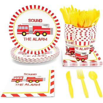 Blue Panda 144 Pieces Disposable Dinnerware Set with Plates, Napkins, Cups, Cutlery for Fireman Themed Party Supplies (Serves 24)