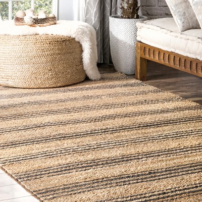 Sandy Natural Square Striped Jute Area Rug, 8' x 8'