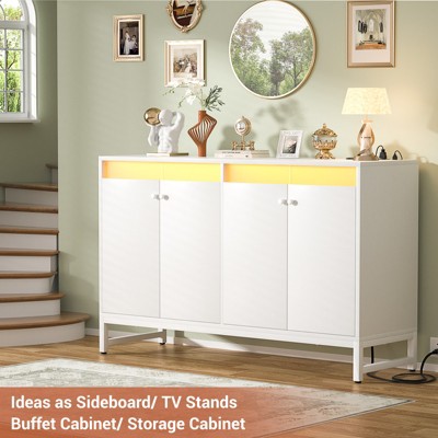 Aheaplus Storage Buffet Cabinet with LED Lights, Coffee Bar with Charging Station