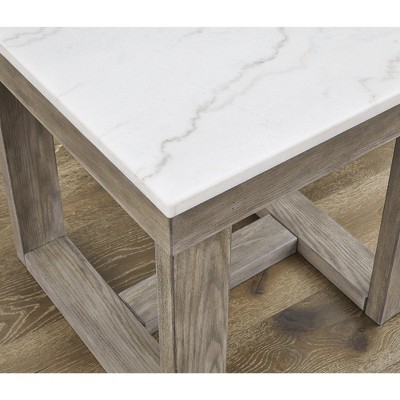 Light Brown Wood End Table with White Marble Top