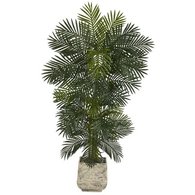 Nearly Natural 6.5-ft Golden Cane Artificial Palm Tree in White Planter