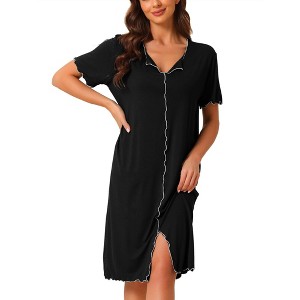 cheibear Women's Ruffled V-Neck Short Sleeve Pullover Pajama Midi Nightgown - 1 of 4