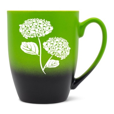 Elanze Designs Botanical Floral Nature Coffee Cup Mug 12 Ounce Ceramic With Ombre Gradient Elegant Minimalist Hydrangea Flower Silhouette Green and