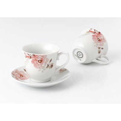 Blush Floral Porcelain Teacup and Saucer Set, 8-Piece
