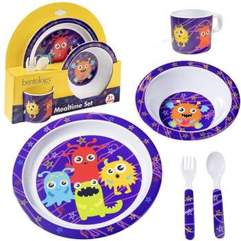 Laptop Lunches 5 Pc Mealtime Feeding Set for Kids and Toddlers - Monster - Includes Plate  Bowl  Cup  Fork and Spoon Utensil Flatware