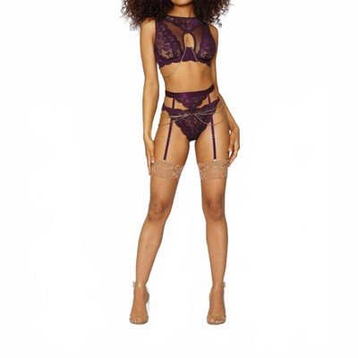 Women's Lace And Mesh Gold Chain 3 Piece Bra Set - Dreamgirl