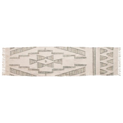 Storied Home Hand Woven Cotton and Wool Kilim Floor Rug with Fringe, Green and Cream