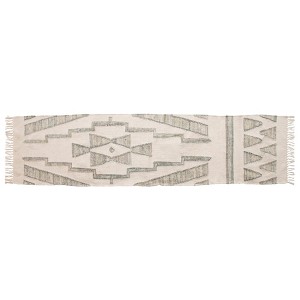 Storied Home Hand Woven Cotton and Wool Kilim Floor Rug with Fringe, Green and Cream - 1 of 4