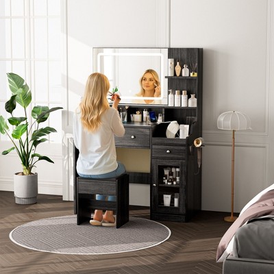 LIKEPAY Vanity Desk with Mirror, Power Outlet, Hair Dryer Bracket, Makeup Table with 2 Drawers,3 Color Modes Available for Bedroom