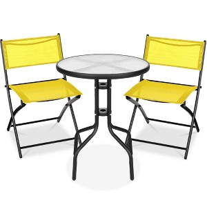 Best Choice Products 3-Piece Patio Bistro Dining Furniture Set w/ Round Textured Glass Tabletop, Folding Chairs - 1 of 4