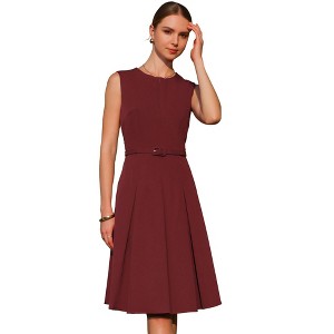 INSPIRE CHIC Women's Round Neck Sleeveless Zip Front Belted Fit Flare Work Dresses - 1 of 4