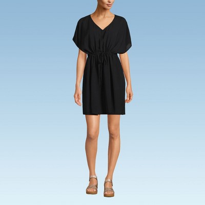 Lands' End Women's Sheer Oversized Short Sleeve Gathered Waist Swim Cover-up Dress