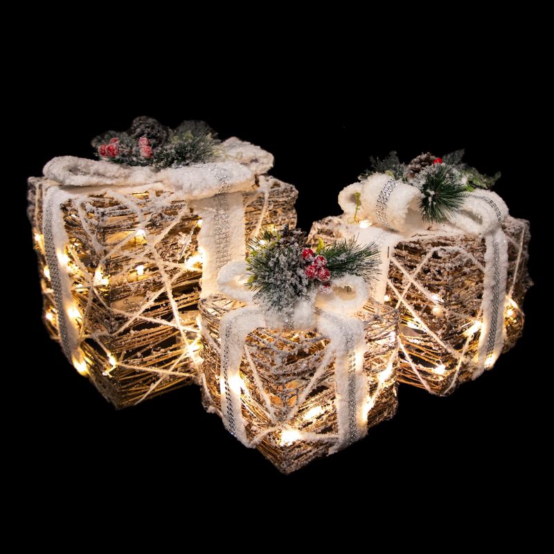 Northlight Set of 3 LED Lighted Gift Boxes with Pine and Berries Christmas Decorations 9.75", 5 of 7