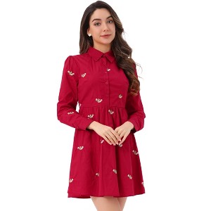 INSPIRE CHIC Women's Casual Long Sleeve Half Placket Embroidered Floral Mini Shirt Dress - 1 of 4