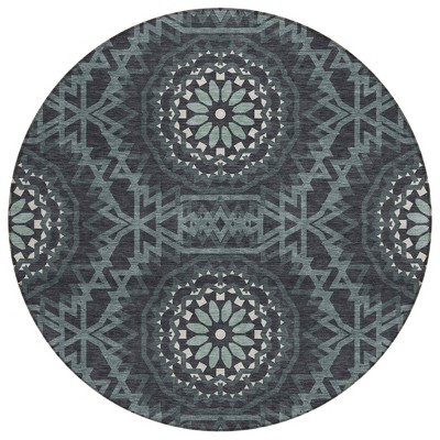 Charcoal Gray And Ivory Floral Medallion Washable Indoor Outdoor Area Rug