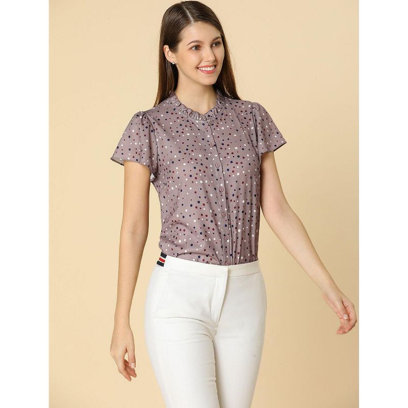 Allegra K Women's Dots Print Ruffle Short Sleeve Button Up Shirts, 6 of 8