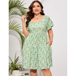 Clearlove Plus Size Dress Women's Plus Size Floral V-Neck Dress Short Sleeve Knee Length A-line Mini Dresses - 1 of 4