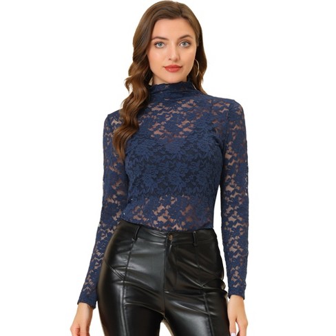 Allegra K Women's See Through Long Sleeve Turtleneck Sheer Floral Lace  Blouse Navy Blue X-Small